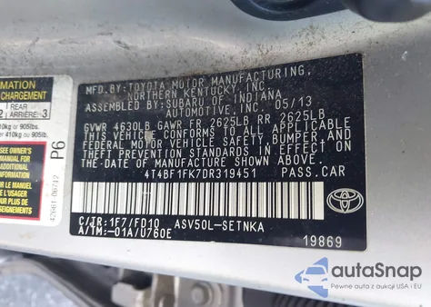 2013 Toyota Camry Le from USA, damaged, VIN 4T4BF1FK7DR319451